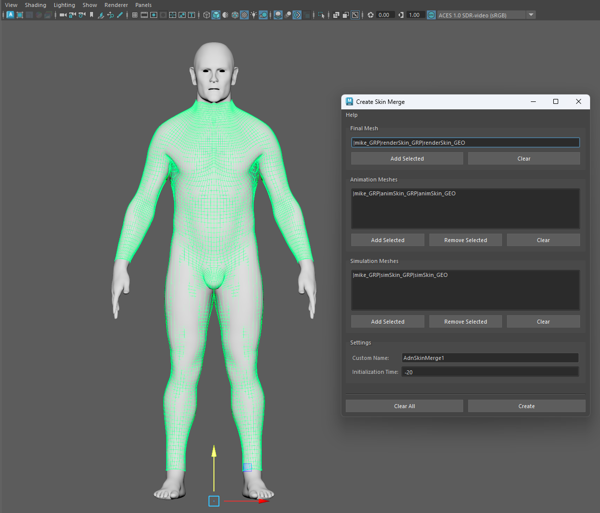Create Skin Merge window with corresponding meshes added