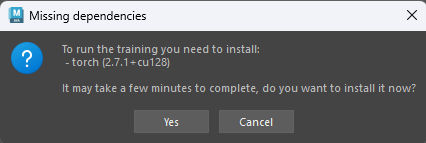 Training tool missing dependencies prompt