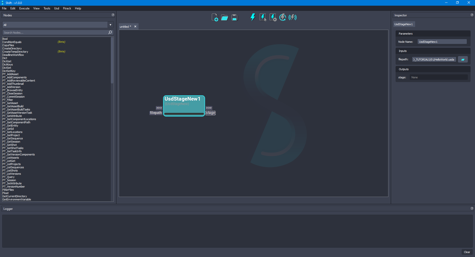 Added the 'UsdStageNew' node to the board.