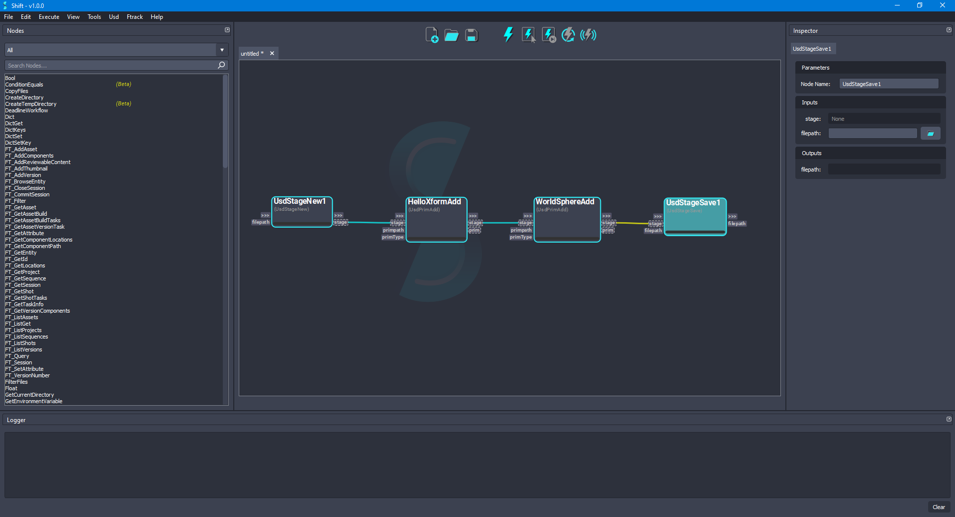 Added the 'UsdStageSave' node to the board for saving the stage.
