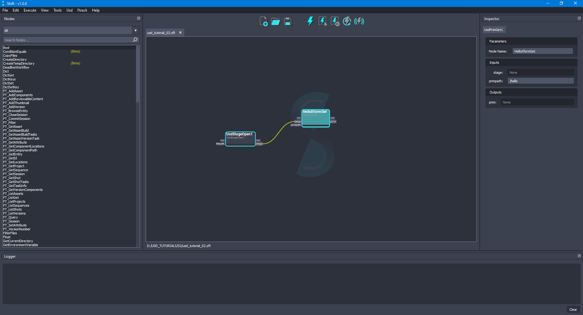 Added the 'HelloXformGet' node to the board connected to the 'UsdStageOpen' node for getting the '/hello' prim.