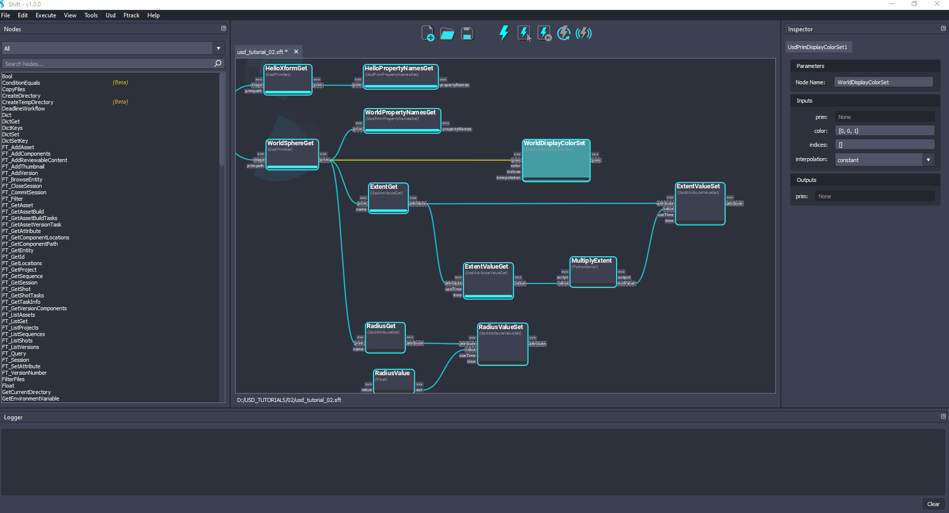 Added the trigger connections to 'WorldDisplayColorSet' node.