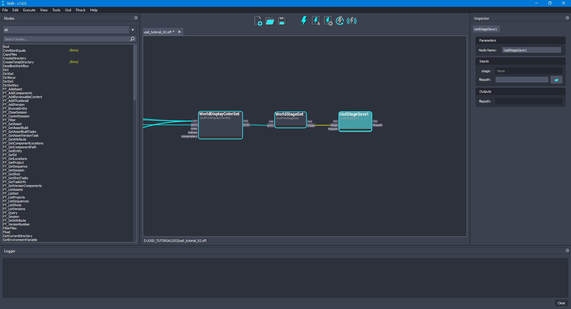 Added the 'UsdStageSave' node to the board connected to the 'WorldStageGet' node.