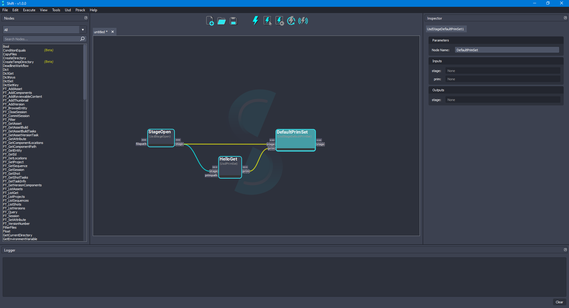 Added the 'DefaultPrimSet' node to the board connected to the 'HelloGet' and 'StageOpen' nodes.