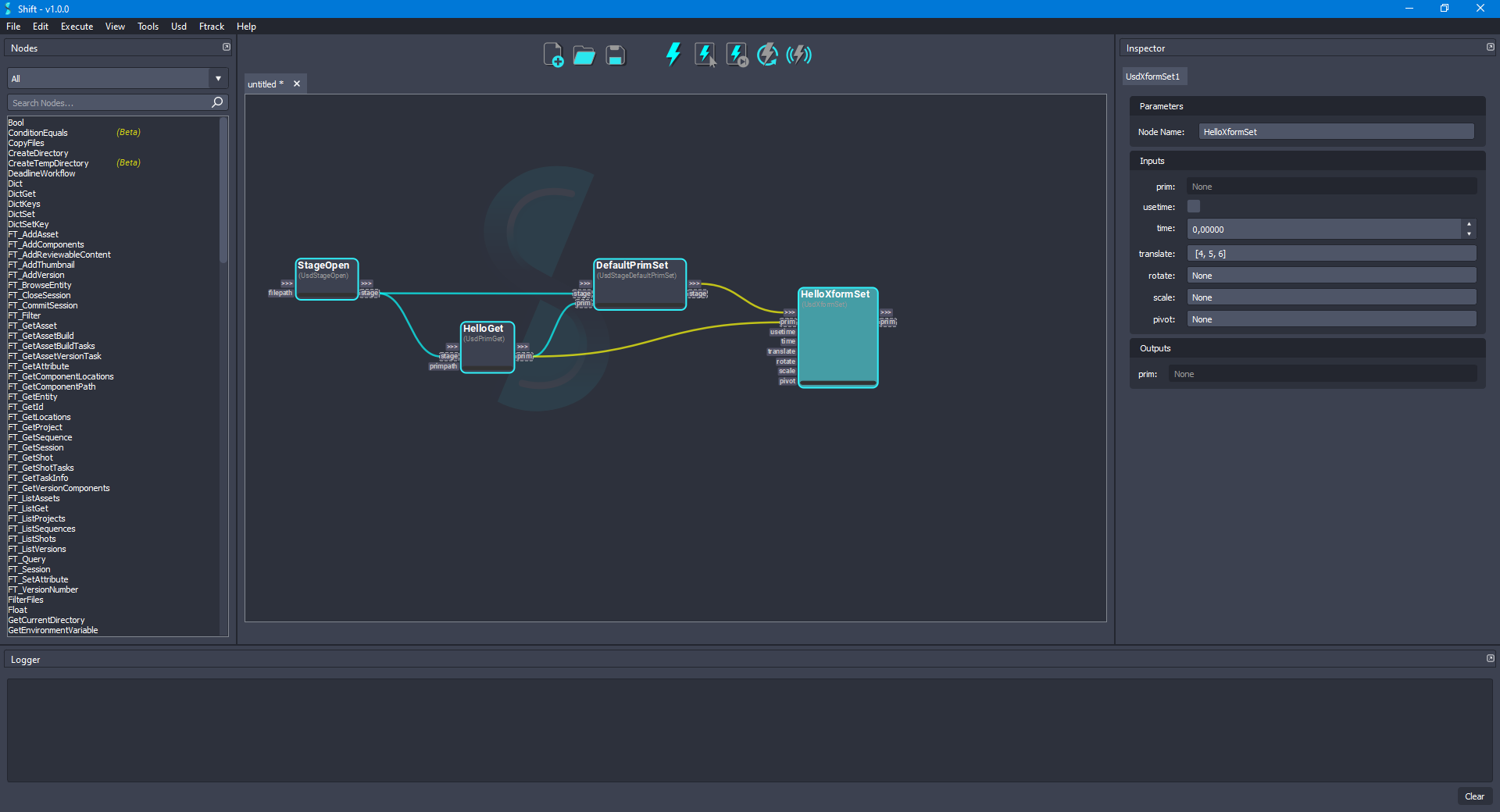 Added the 'HelloXformSet' node to the board connected to the 'DefaultPrimSet' and 'HelloGet' nodes.