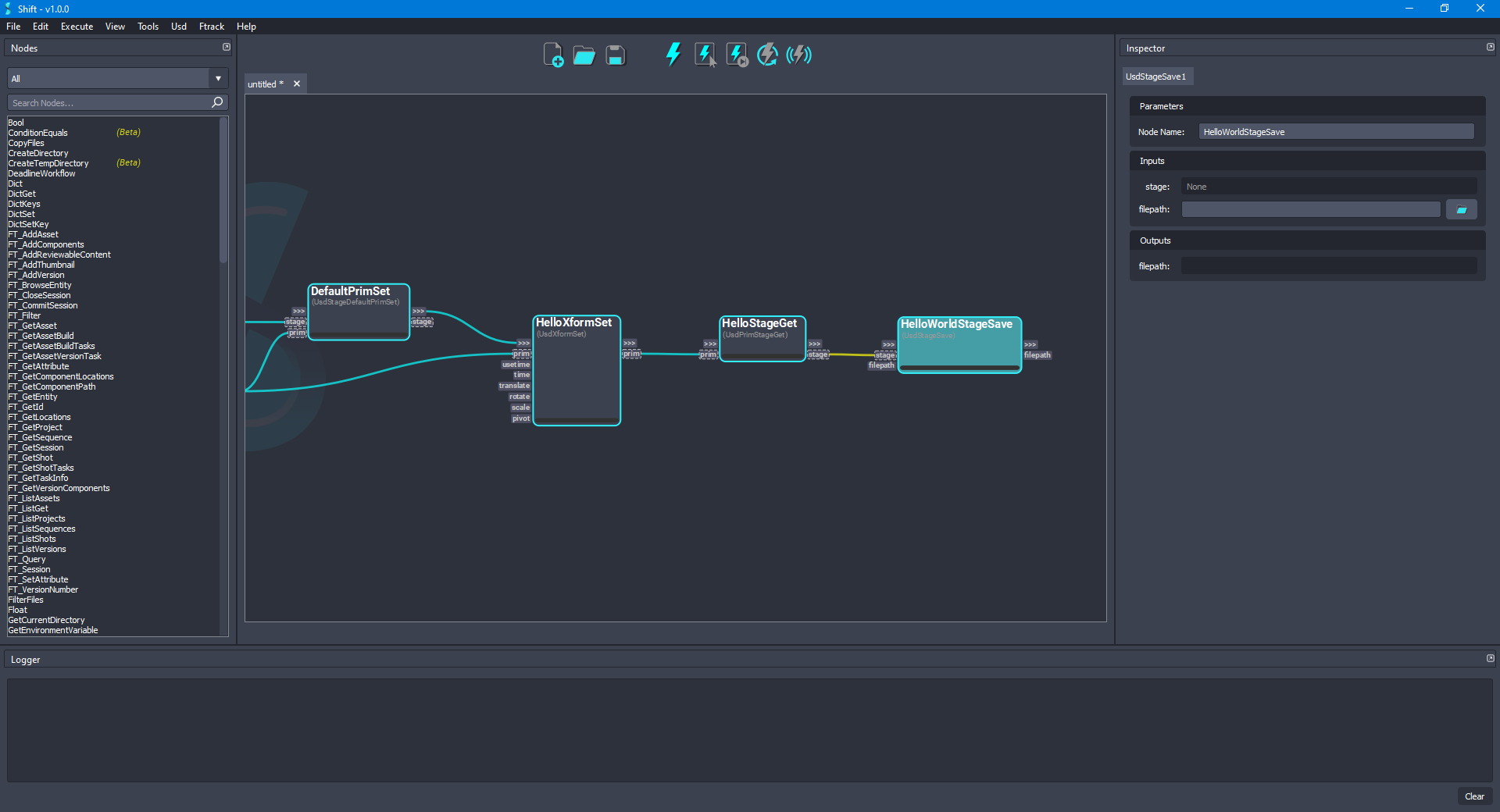 Added the 'HelloWorldStageSave' node to the board connected to the 'HelloStageGet' node.