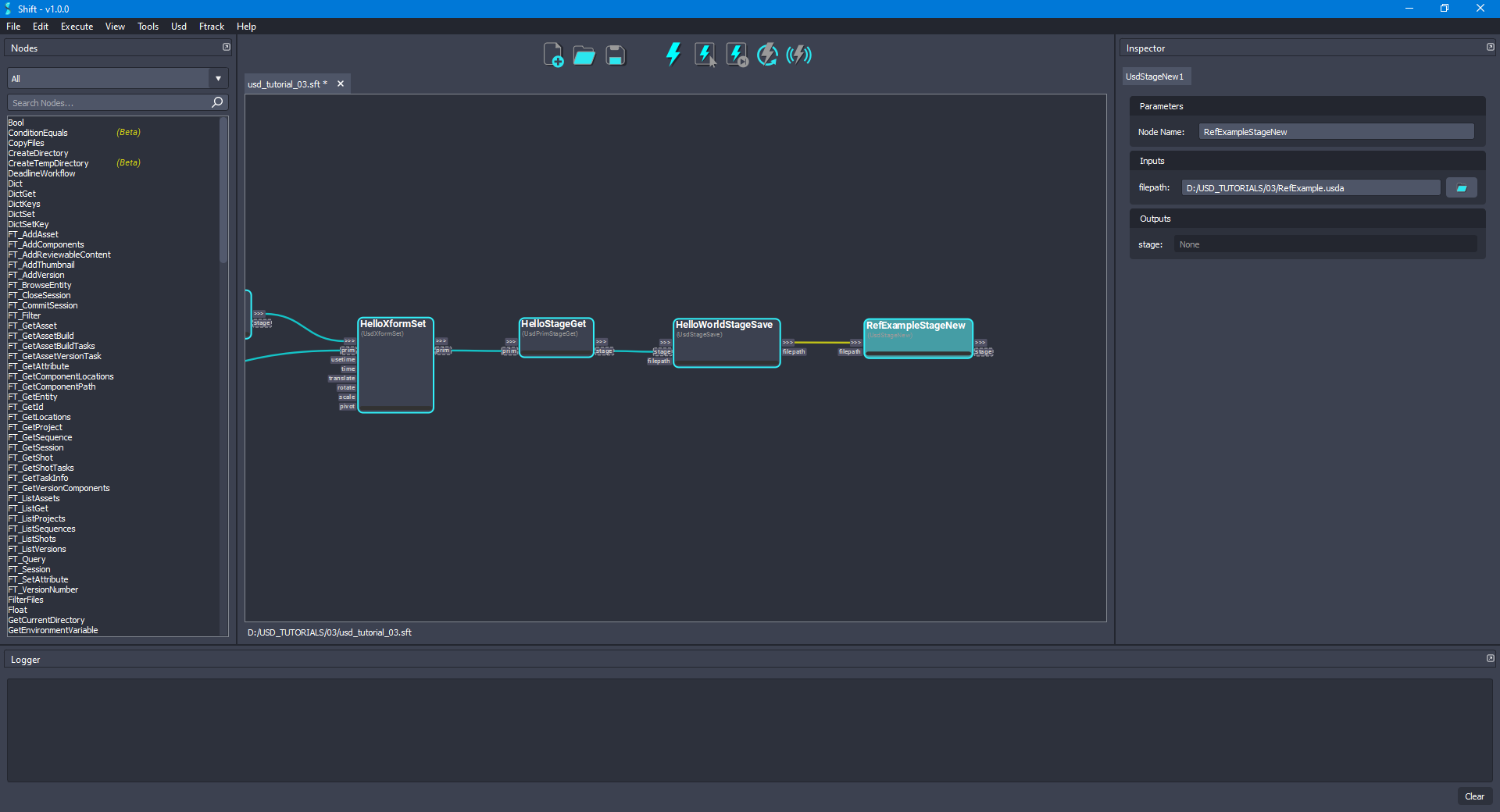 Added the 'RefExampleStageNew' node to the board connected to the 'HelloWorldStageSave' node.