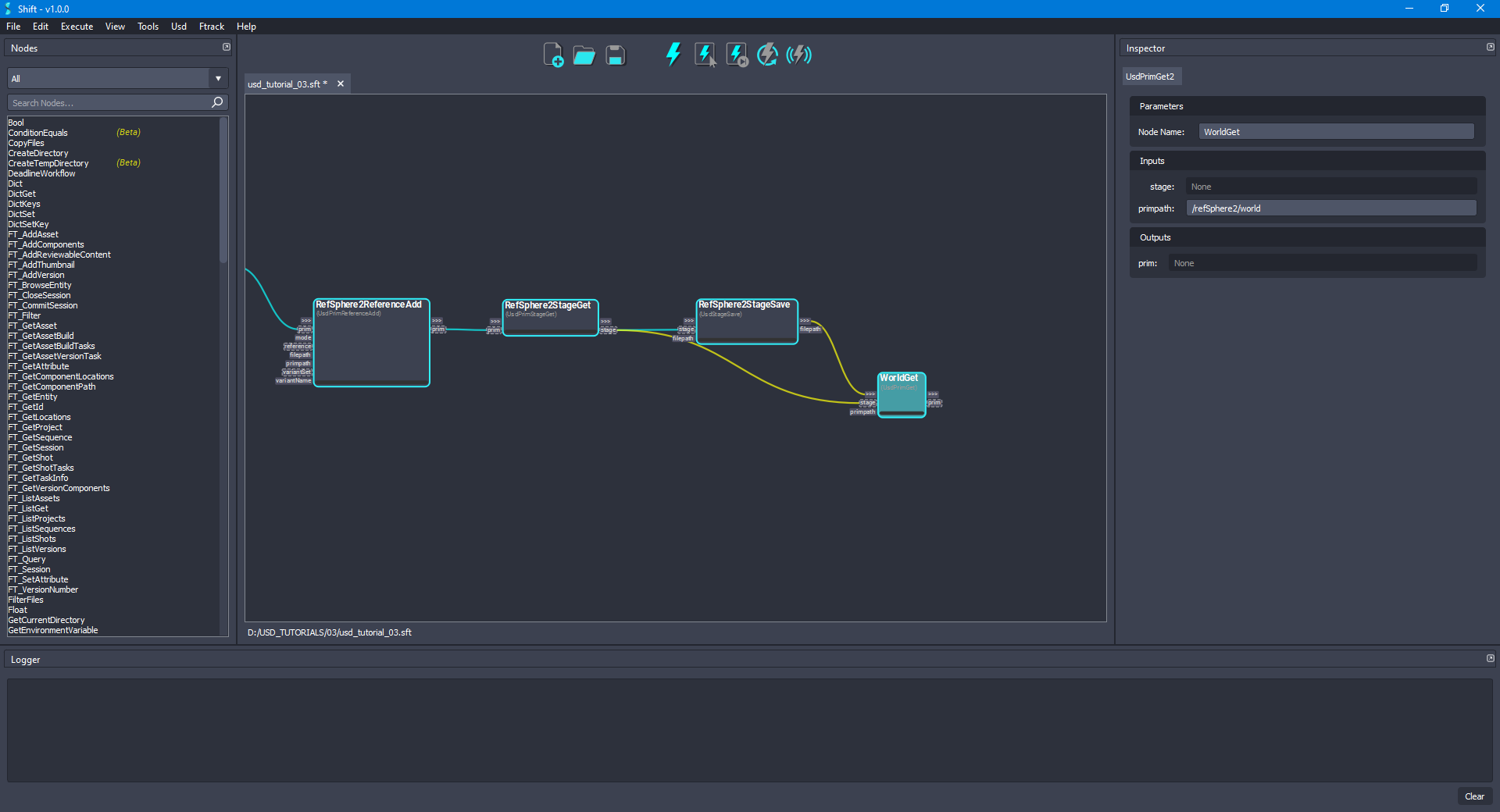 Added the 'WorldGet' node to the board connected to the 'RefSphere2StageGet' and 'RefSphere2StageSave' nodes.