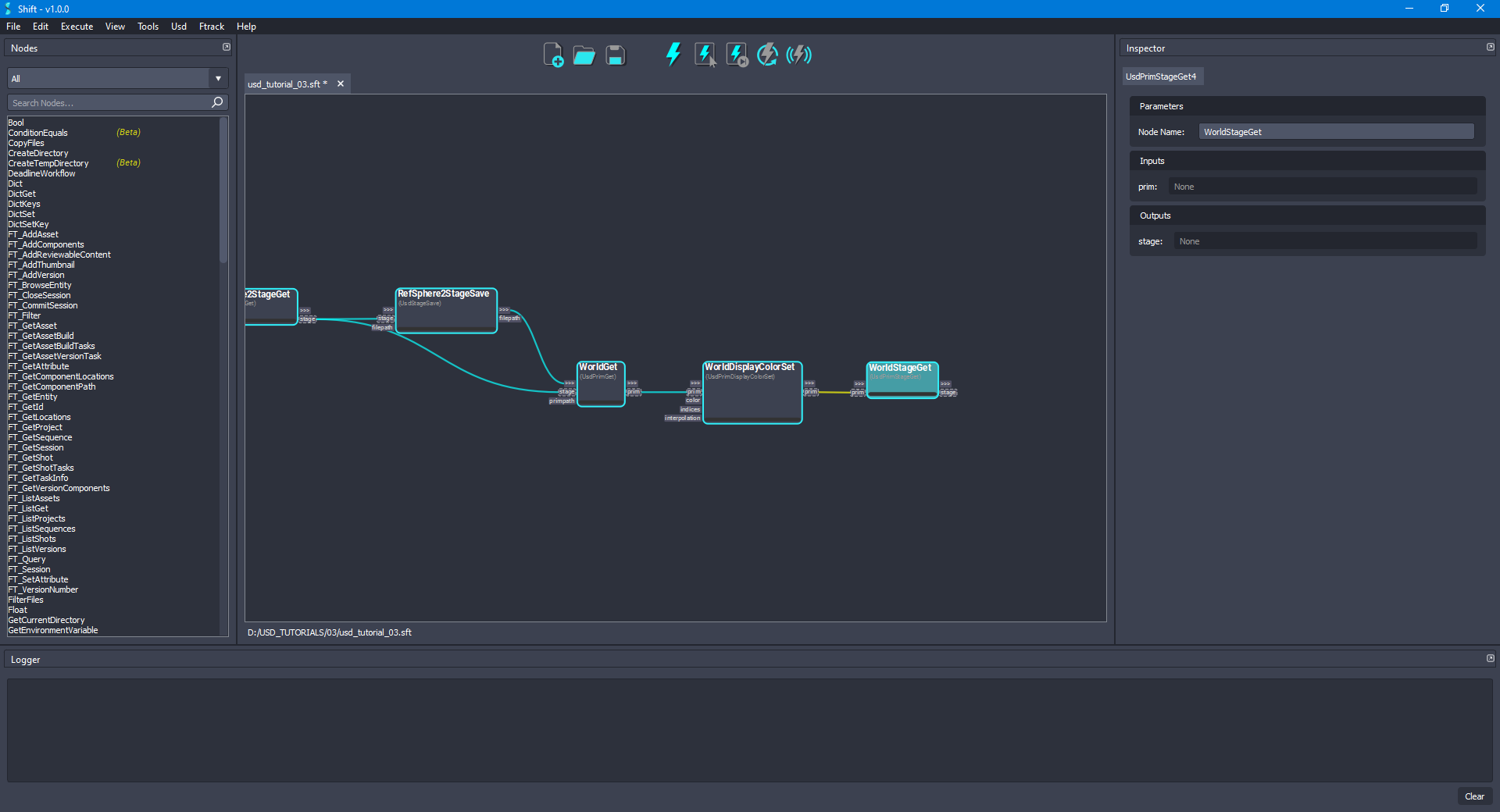 Added the 'WorldStageGet' node to the board connected to the 'WorldDisplayColorSet' node.