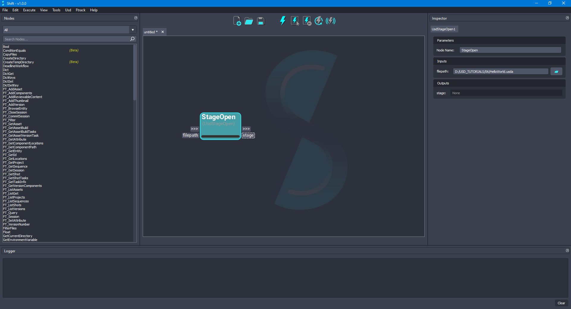 Added the 'StageOpen' node to the board for opening a given USD file.