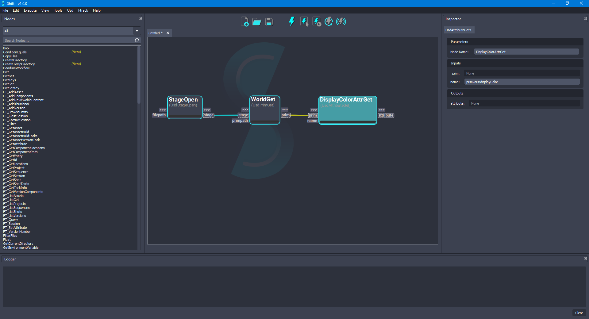 Added the 'DisplayColorAttrGet' node to the board connected to the 'WorldGet' node.