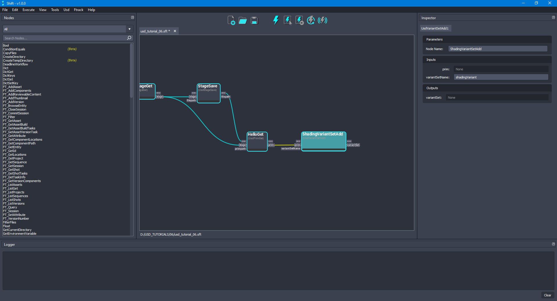 Added the 'ShadingVariantSetAdd' node to the board connected to the 'HelloGet' node.