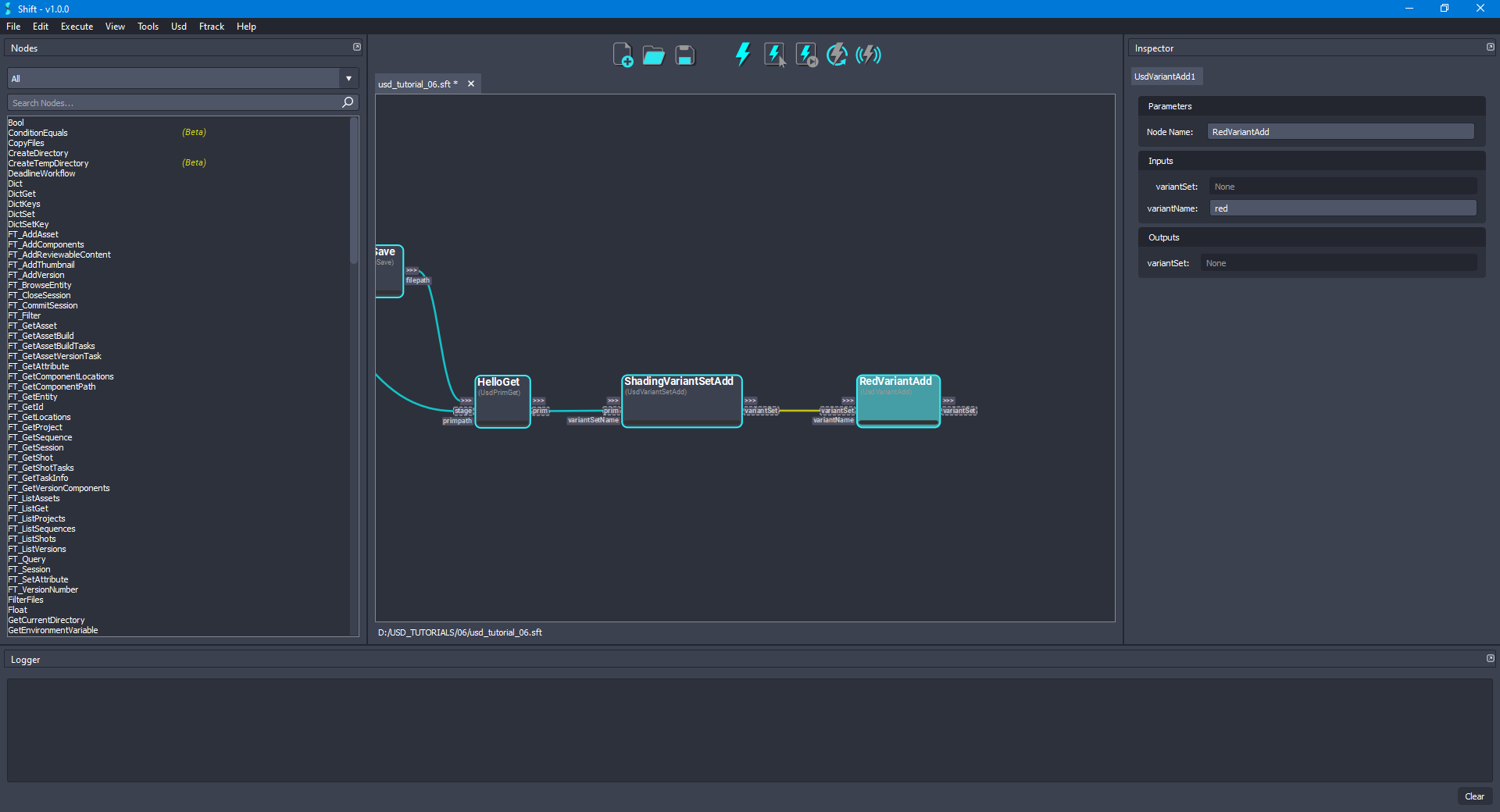 Added the 'RedVariantAdd' node to the board connected to the 'ShadingVariantSetAdd' node.