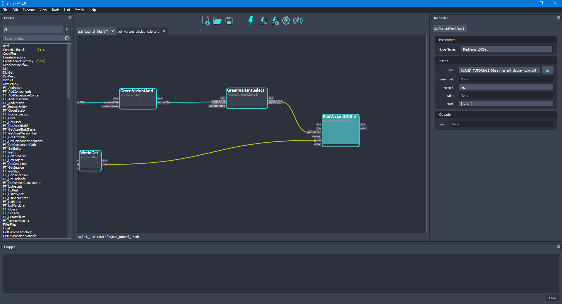 Added the 'RedVariantDCSet' node to the board connected to the 'WorldGet' and 'GreenVariantSelect' node.