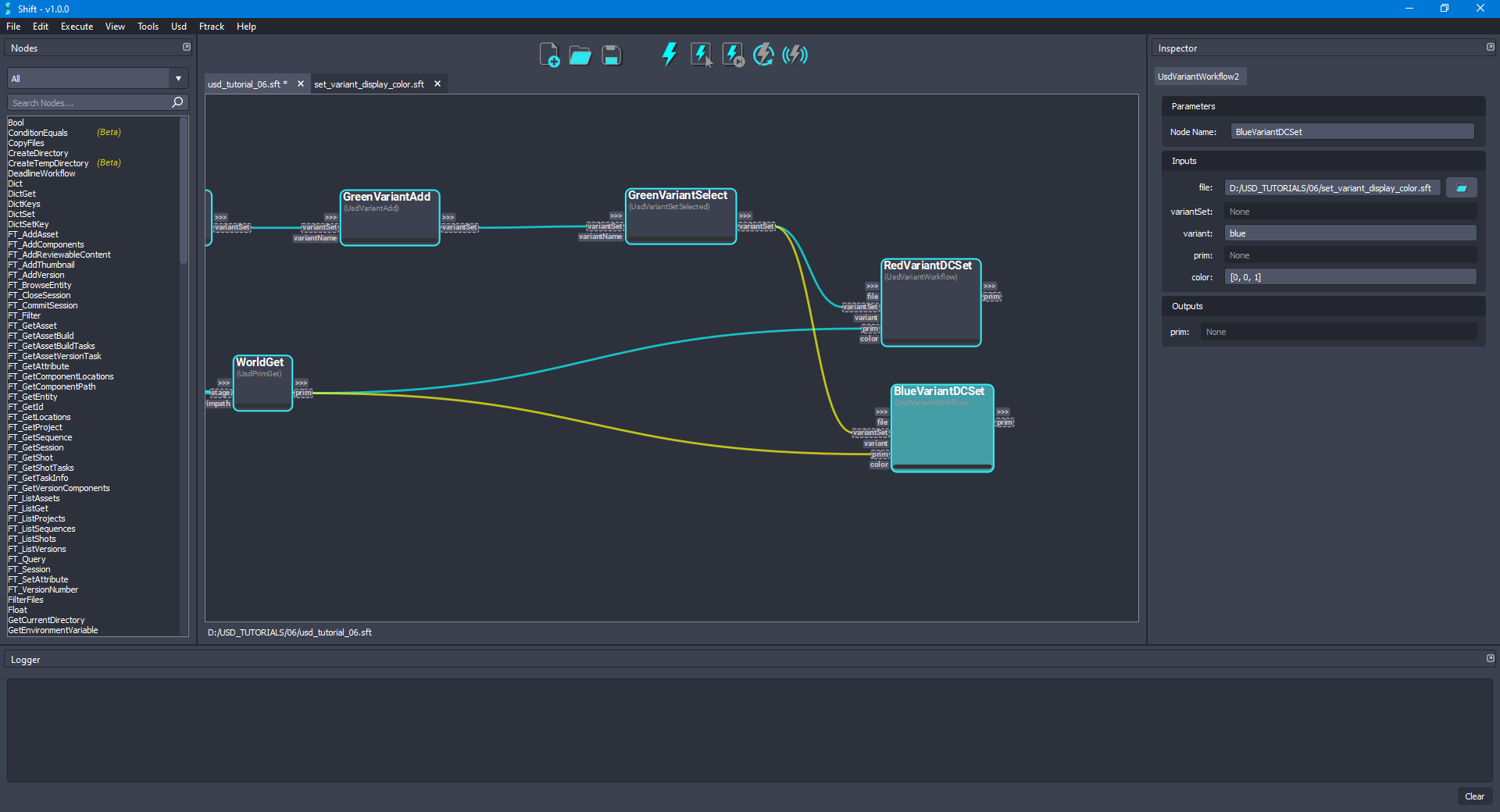 Added the 'BlueVariantDCSet' node to the board connected to the 'WorldGet' and 'GreenVariantSelect' node.
