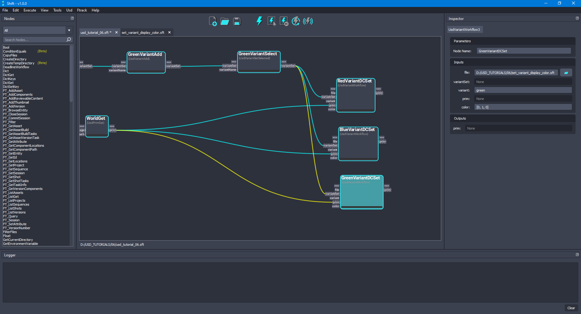 Added the 'BlueVariantDCSet' node to the board connected to the 'WorldGet' and 'GreenVariantSelect' node.
